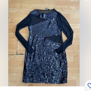 ASOS navy Blue Mesh Sequin Dress Size 12 Women Long Sleeve Cut Out Bodycon O14